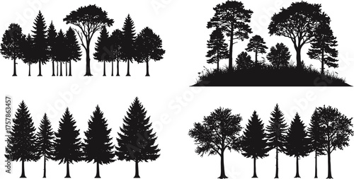Black forest tree silhouette collection with pine and oak trees, vector nature landscape illustration for outdoor design, environment, woodland, background art