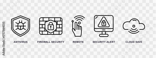 Set of antivirus and firewall icons representing remote security and cloud data protection.