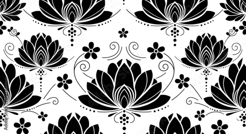 Seamless black and white lotus flower pattern