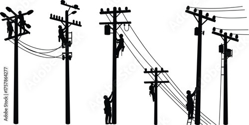 Electric utility workers climbing poles silhouette vector illustration showing teamwork, electricity repair, power line maintenance, industrial safety and energy service concept design