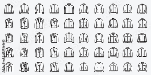 Men's Clothing Line Icon Set, Jackets, Blazers, and Shirts Vector Collection. Vector Fashion Menswear and Outerwear Pack