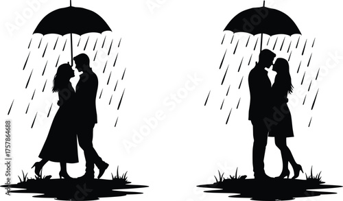 Romantic couple kissing under umbrella in rain silhouette, love relationship vector illustration, rainy weather romance art, emotional scene design