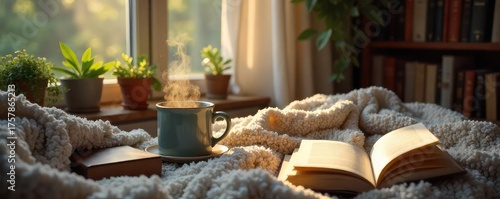 A cozy reading nook filled with books, a steaming mug, and soft blankets, perfect for a relaxing reading session Ideal for bookworms and cozy home vibes , coffee, atmosphere, desk