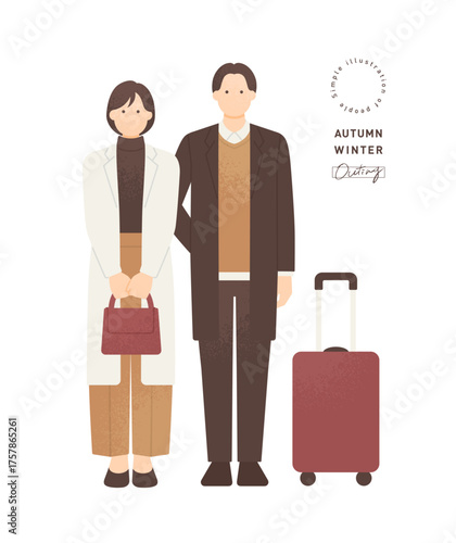 秋冬の旅行や帰省をするカップルとスーツケースのイラスト 旅行・出発イメージのベクター素材