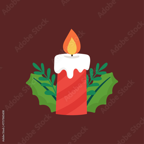 Festive Red Candle with Green Foliage, Warm Glow, and Dripping Wax - Holiday Decoration