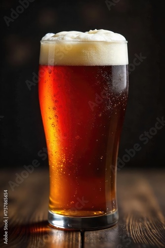 A pint of rich, dark amber brewery bitter, head forming a creamy crown atop the glass, condensation clinging to the side , craft beer, aroma