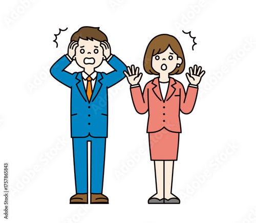 ショックで頭を抱えて驚く、ビジネスマンの男性と女性の全身ベクターイラスト素材セット＿カラー