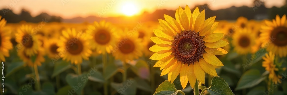 Obraz premium Close-up of a vibrant sunflower field at sunset, its petals glistening with dew, creating a sparkling effect The warm light enhances the natural beauty and texture , rural, sunlight, agriculture
