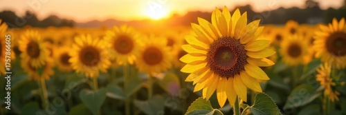 Close-up of a vibrant sunflower field at sunset, its petals glistening with dew, creating a sparkling effect  The warm light enhances the natural beauty and texture ,  rural,  sunlight,  agriculture