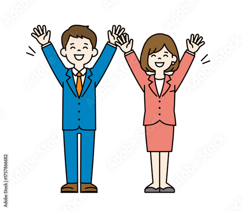 大喜びでバンザイする、スーツを着た若い男性と女性の全身ベクターイラスト素材セット＿カラー
