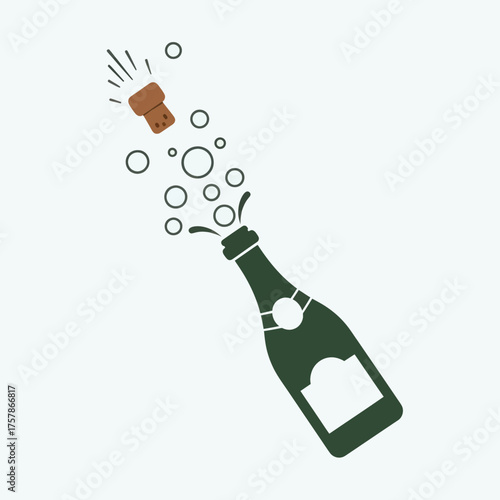 Champagne Bottle Popping Cork with Bubbles Illustration.