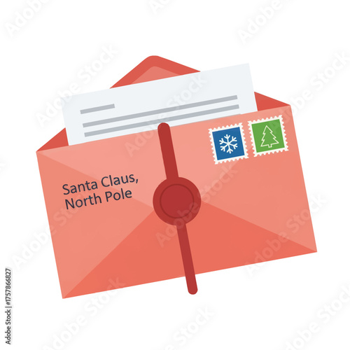 Christmas Letter in a Red Envelope Addressed to Santa Claus.