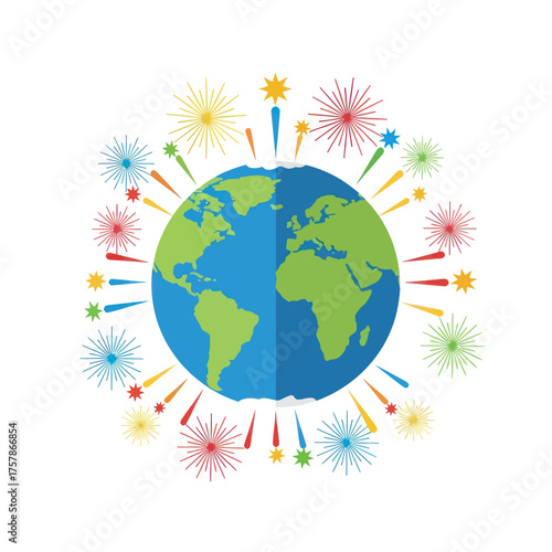 Colorful Fireworks Exploding Around Planet Earth Illustration.