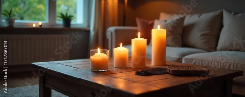 Cozy living room scene featuring multiple scented candles burning on a wooden coffee table, creating a warm and inviting atmosphere Soft lighting enhances the ambiance , domestic, indoor