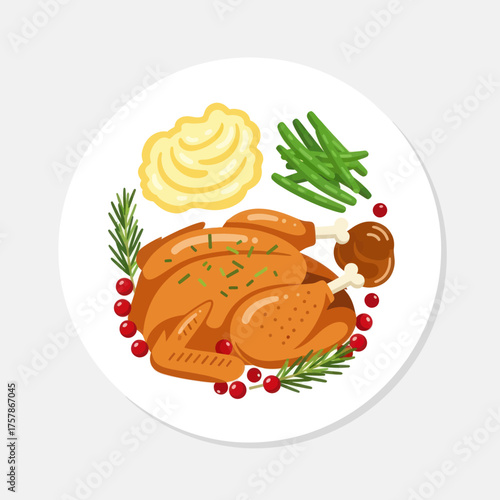 Traditional holiday roasted turkey dinner on a plate vector illustration.