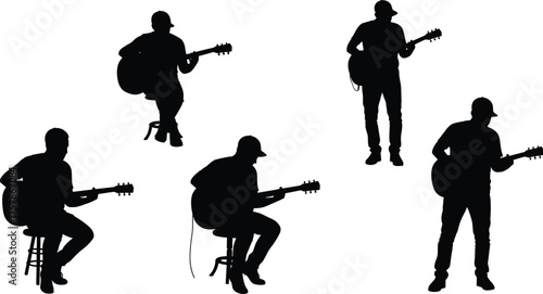 Silhouette of man playing acoustic guitar, sitting and standing musician, music performance, practice, and entertainment concept on white background
