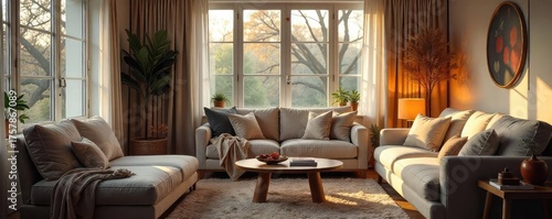 Cozy living room with soft lighting, plush furniture, and warm blankets inviting relaxation and peaceful rest Perfect for unwinding after a long day , interior, comfort