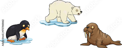 Cartoon arctic animals penguin polar bear walrus, icy habitat illustration, cold climate wildlife artwork, funny character design, educational nature concept