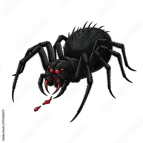 Fearsome black spider with red eyes and blood droplets vector
