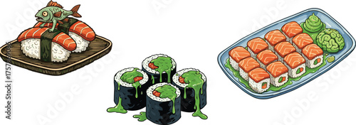 Cartoon sushi illustration with nigiri, maki rolls, salmon sushi platter, Japanese food artwork, funny seafood design, creative Asian cuisine concept