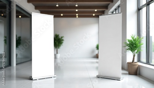 Modern Office Hall with Two Empty White Roll-Up Banner Stands for Business Presentations, mockup, Blank roll up banner stand in modern office, created with generative ai