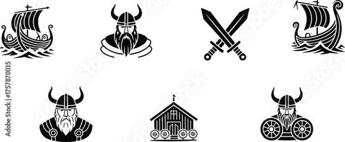 Viking icon set illustration, Norse warrior helmet design, longship silhouette artwork, crossed sword symbol, medieval house graphic, mythology culture concept