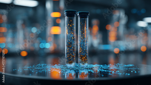 Futuristic technology meets science, where circuits and innovation converge within glass tubes, hinting at breakthroughs and technological advancements