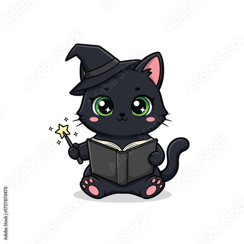 Cute black cat wizard reading spell book holding wand vector