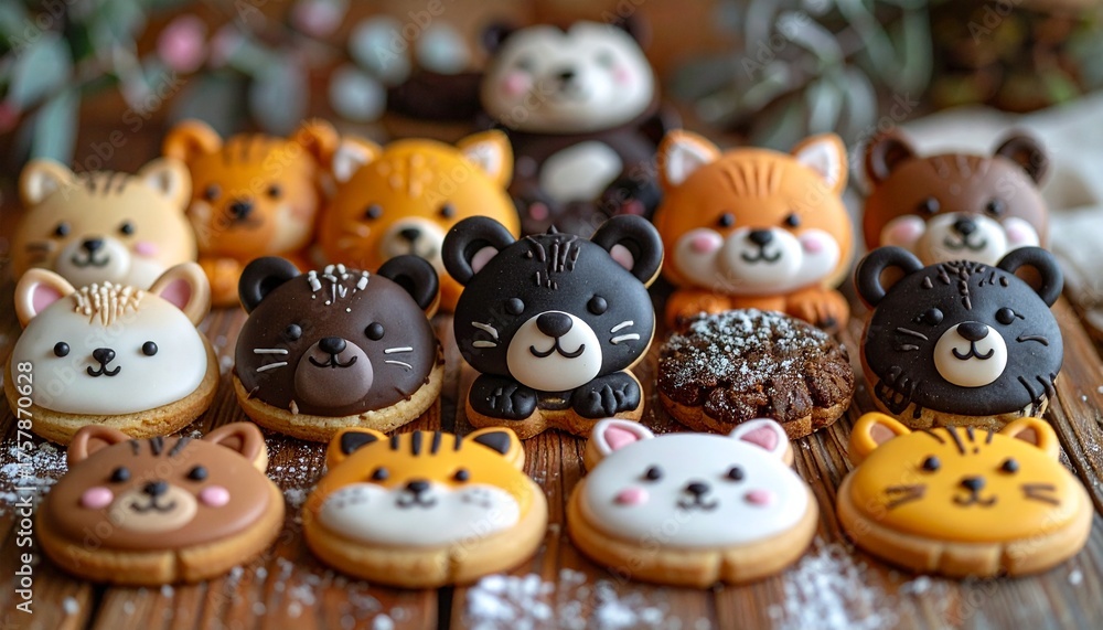 Obraz premium Adorable animal-shaped cookies with colorful icing, arranged on a wooden table, perfect for celebrations and sweet treats.