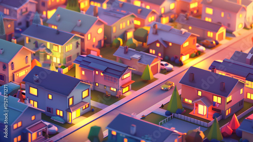 3d isometric low-poly neat city housing in the afternoon