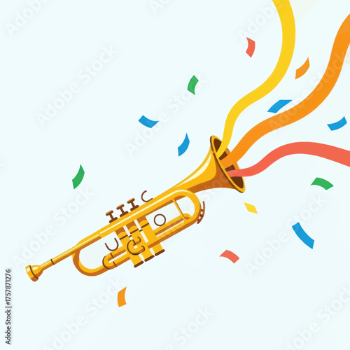 Golden brass trumpet with colorful ribbons and confetti celebrating an event.