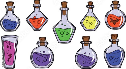 Colorful Cartoon Potion Bottles with Cork Stoppers Set in White Background