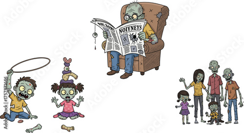 Zombie family cartoon illustration, funny undead children playing, post apocalyptic lifestyle, horror humor artwork, creepy characters, spooky green monsters, Halloween concept
