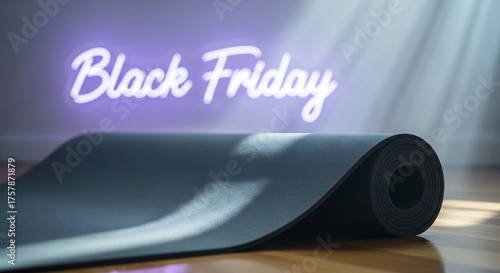 Black Friday yoga sale background. Rolled mat in sunlit room. Perfect for Black Friday promotions, fitness sales, gym discounts, wellness deals. Sport marketing.