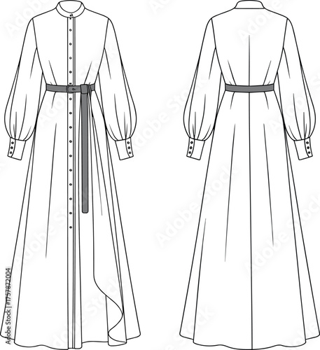 Technical fashion flat, long sleeve full length dress, bishop sleeves, waist belt, button closure, sheer overlay, garment construction drawing