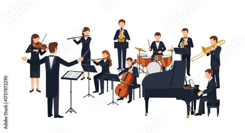 Orchestra Performing Classical Music with Grand Piano, Conductor, and Various Instruments