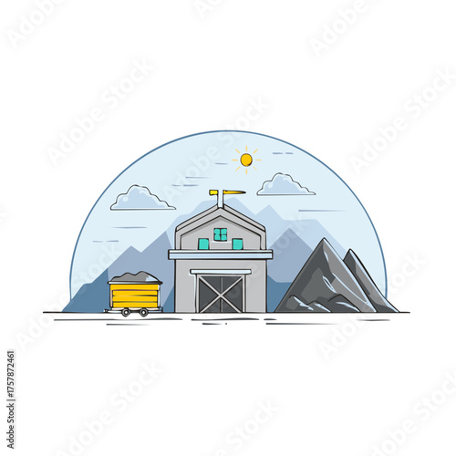 Coal mining operation with industrial building, full ore cart, and mountain landscape illustration