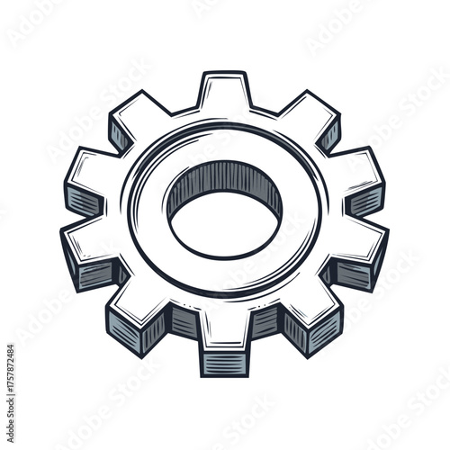 Hand drawn style grey gear cogwheel icon for industrial process and mechanical engineering design