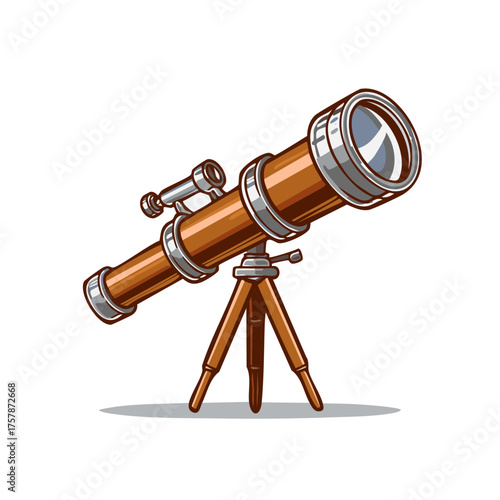 Ornate Wooden Telescope on Tripod Pointed Upward for Astronomy and Stargazing, Detailed Illustration