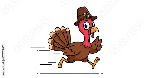 Running turkey wearing a pilgrim hat with motion lines, isolated on white background