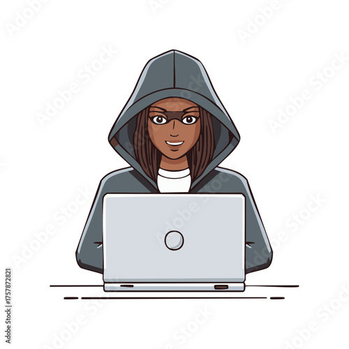 Female Hacker with Laptop Wearing Mask and Hooded Sweatshirt Cartoon Style Illustration