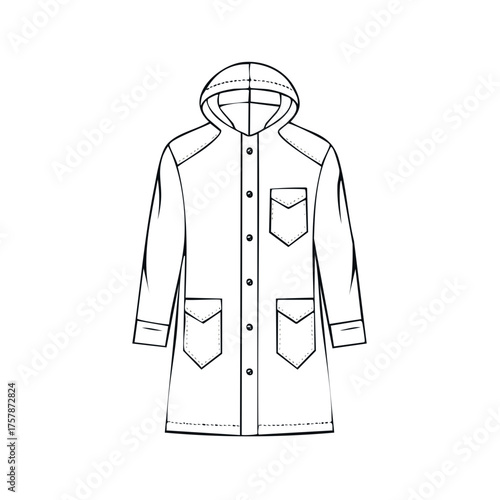 Outlined illustration of a hooded raincoat with pockets and buttons for design or pattern work