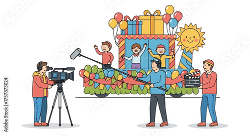 Professional Video Production Team Capturing a Vibrant Community Celebration Parade Float