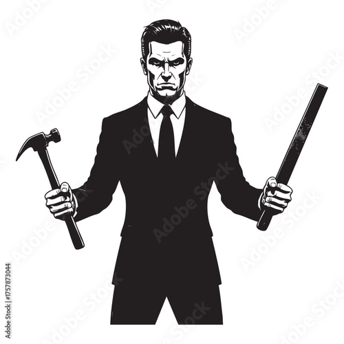 Determined Businessman Holding Hammer and Chisel - Problem Solving & Power