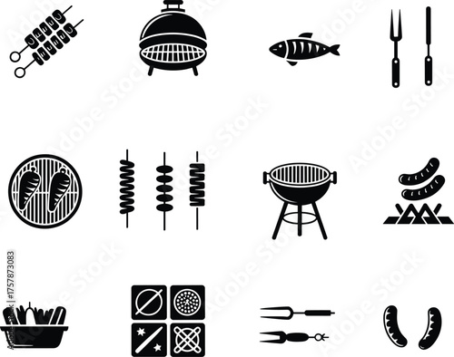 Barbecue grill icons, skewers, fish, sausages, campfire cooking, Dutch oven, propane tank, outdoor food, summer BBQ, grilling silhouette set
