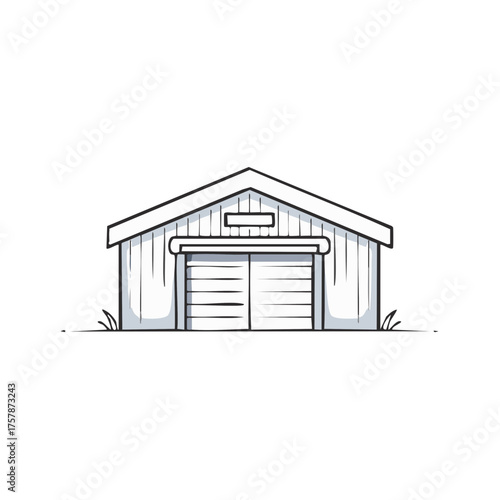 Clean line art doodle illustration of a detached backyard storage shed or small garage with a pitched roof.