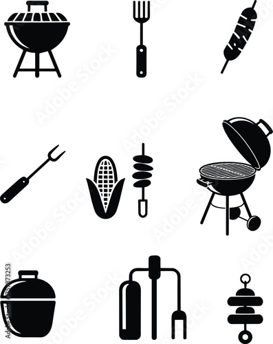 Black barbecue grill, meat fork, skewers, corn, propane tank, Dutch oven, outdoor cooking, BBQ tools, summer food, grilling icons