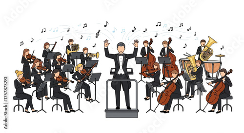 Dynamic Orchestra Performance with Conductor and Musicians Playing Classical Instruments - Vibrant Musical Concert Scene Illustration
