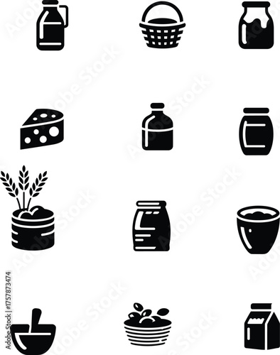Food container silhouettes, grocery icons, kitchen storage illustration, culinary design elements, basket and jar graphics, cooking ingredient symbols, market art