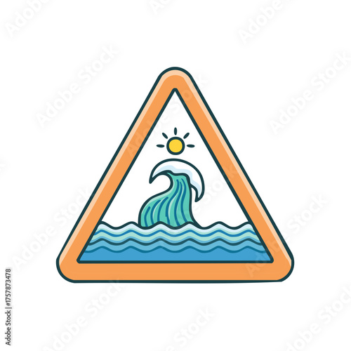 Cartoon Wave with Sun in a Orange Triangle Warning Sign Isolated on White Minimalist Icon Style Danger Water Motion Graphic